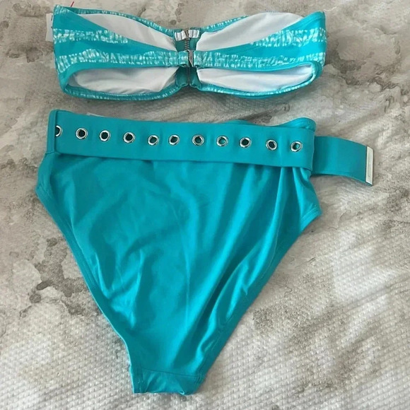 MICHAEL KORS Zip Front Bandeau Kyoto Stripe Turquoise Top and High Waist Bottom - Picture 7 of 10